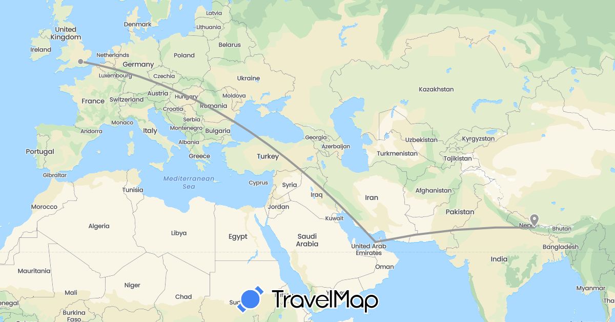 TravelMap itinerary: driving, plane in United Arab Emirates, United Kingdom, Nepal (Asia, Europe)